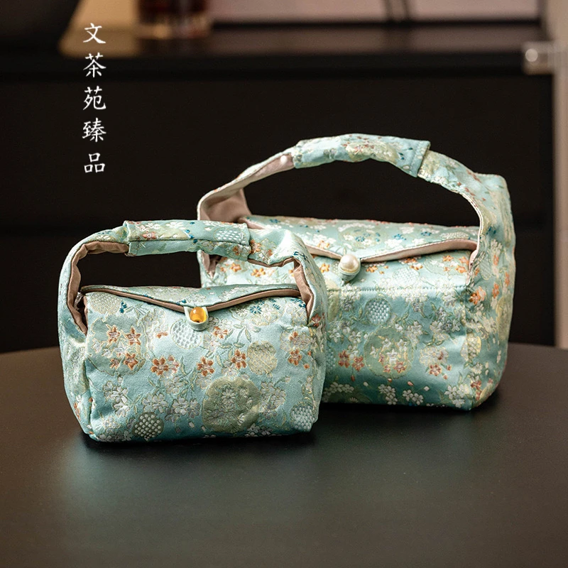 文茶苑臻品绿色石竹花织锦收纳包女士高颜值户外茶具便携收纳袋