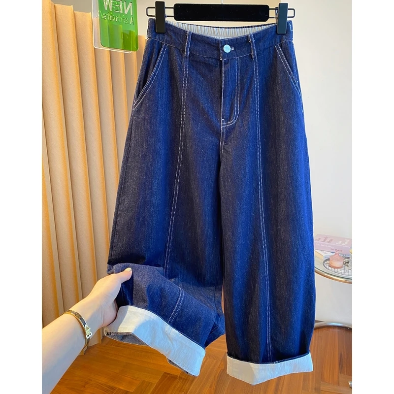 媛媛今年流行的气球裤女2025春夏新款宽松休闲弯刀裤蓝色八分裤