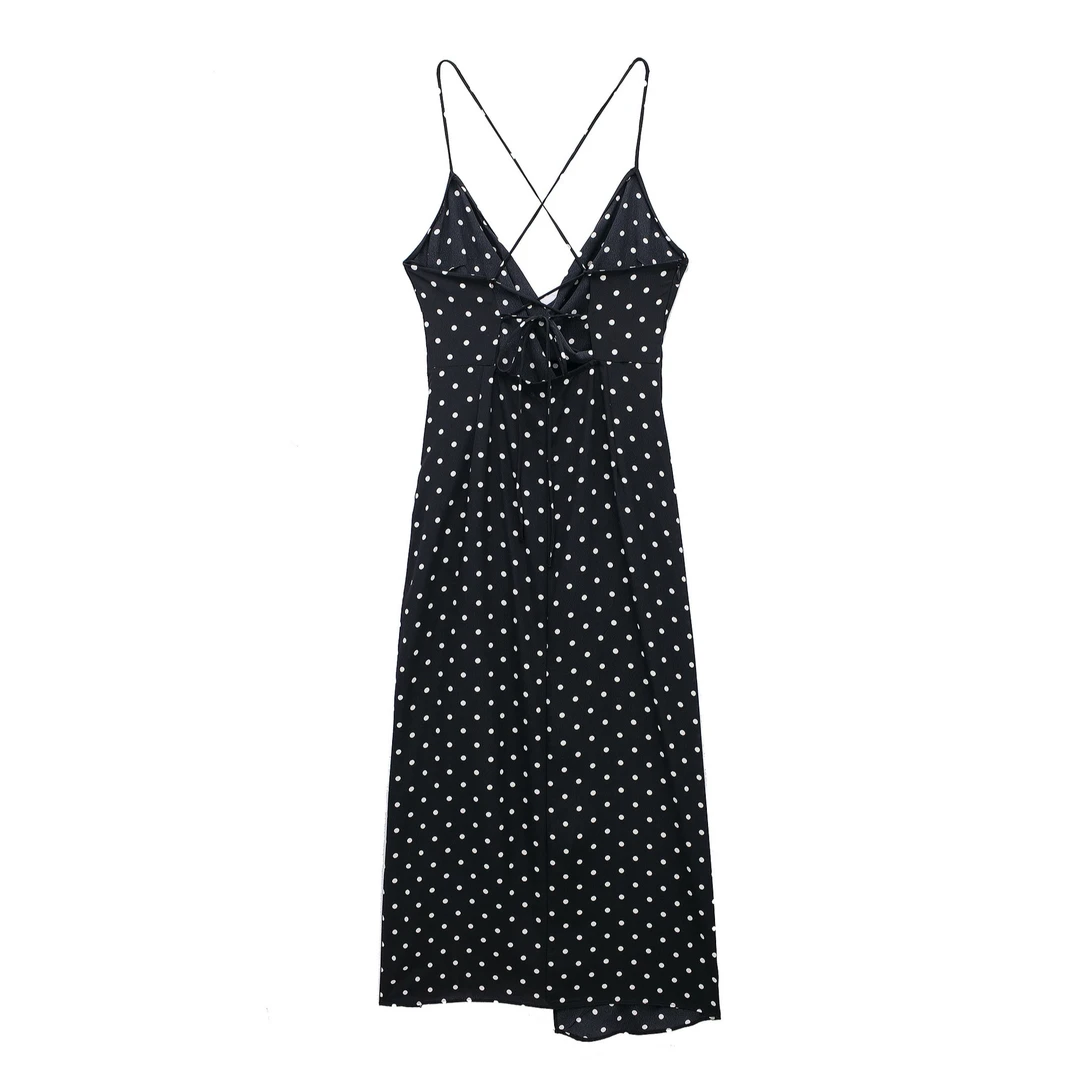 欧美风2024夏新款女装黑色V领波点印花迷笛时尚连衣裙显瘦气质性