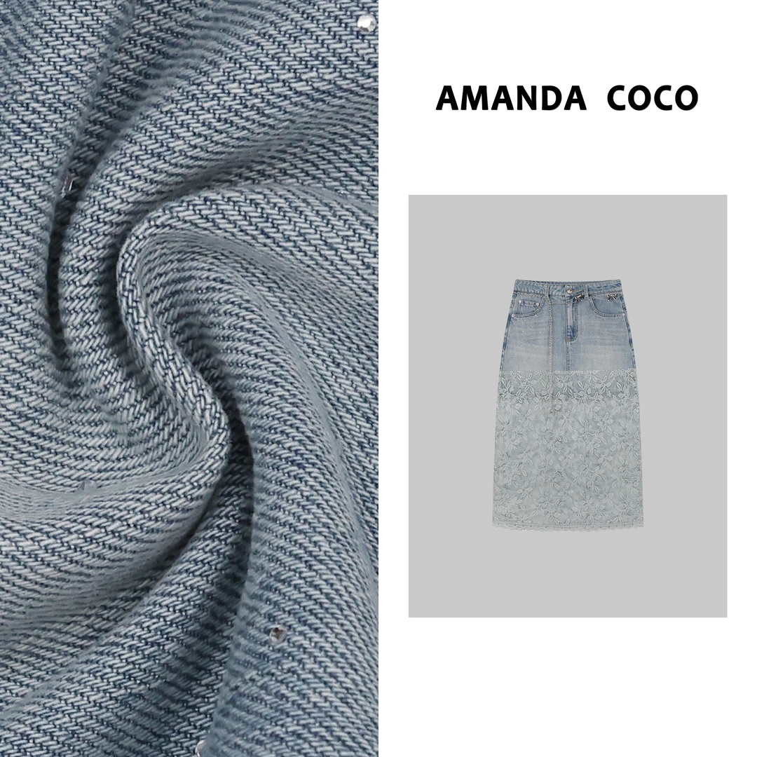 AMANDACOCO茜茜丨春夏高定烫钻牛仔拼接提花蕾丝时髦半裙