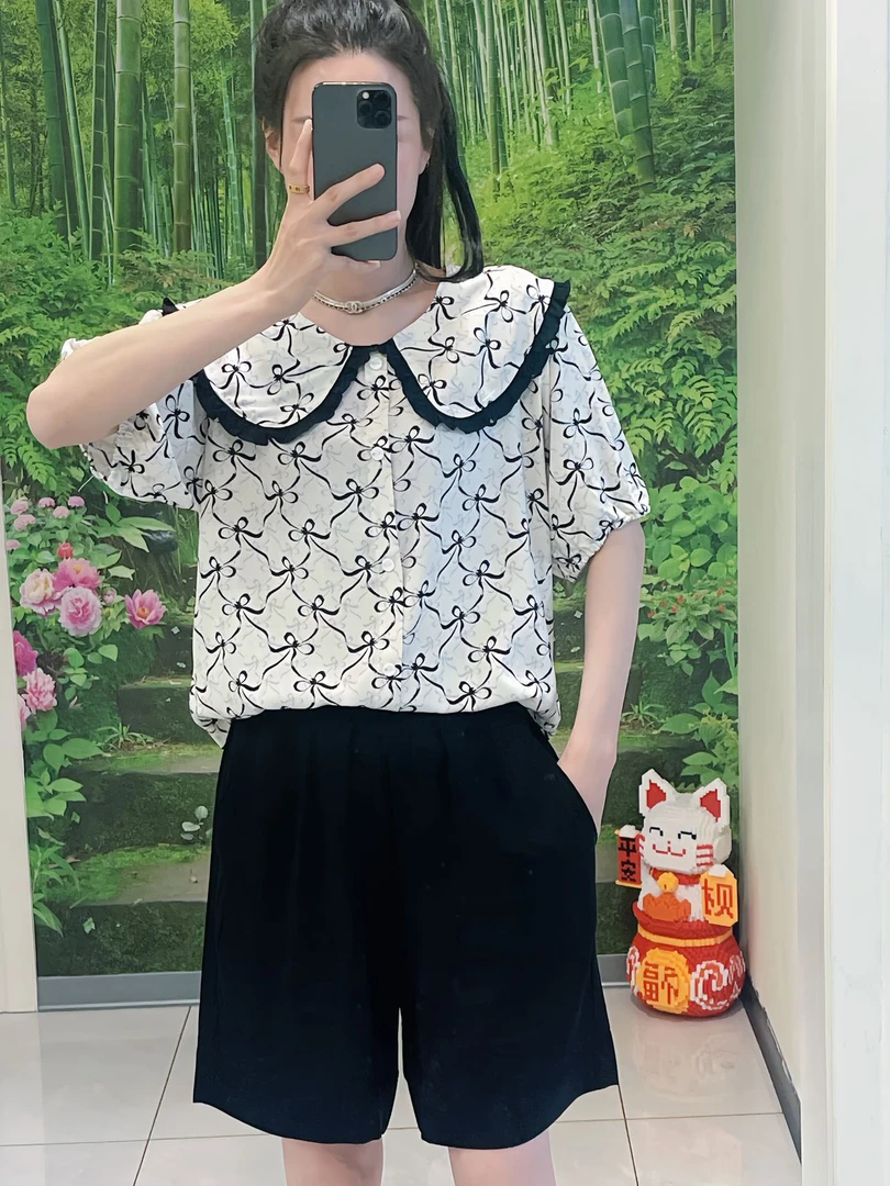 夏季人造棉娃娃领短袖上衣减龄棉绸碎花T恤设计感女t衬衫休闲宽松