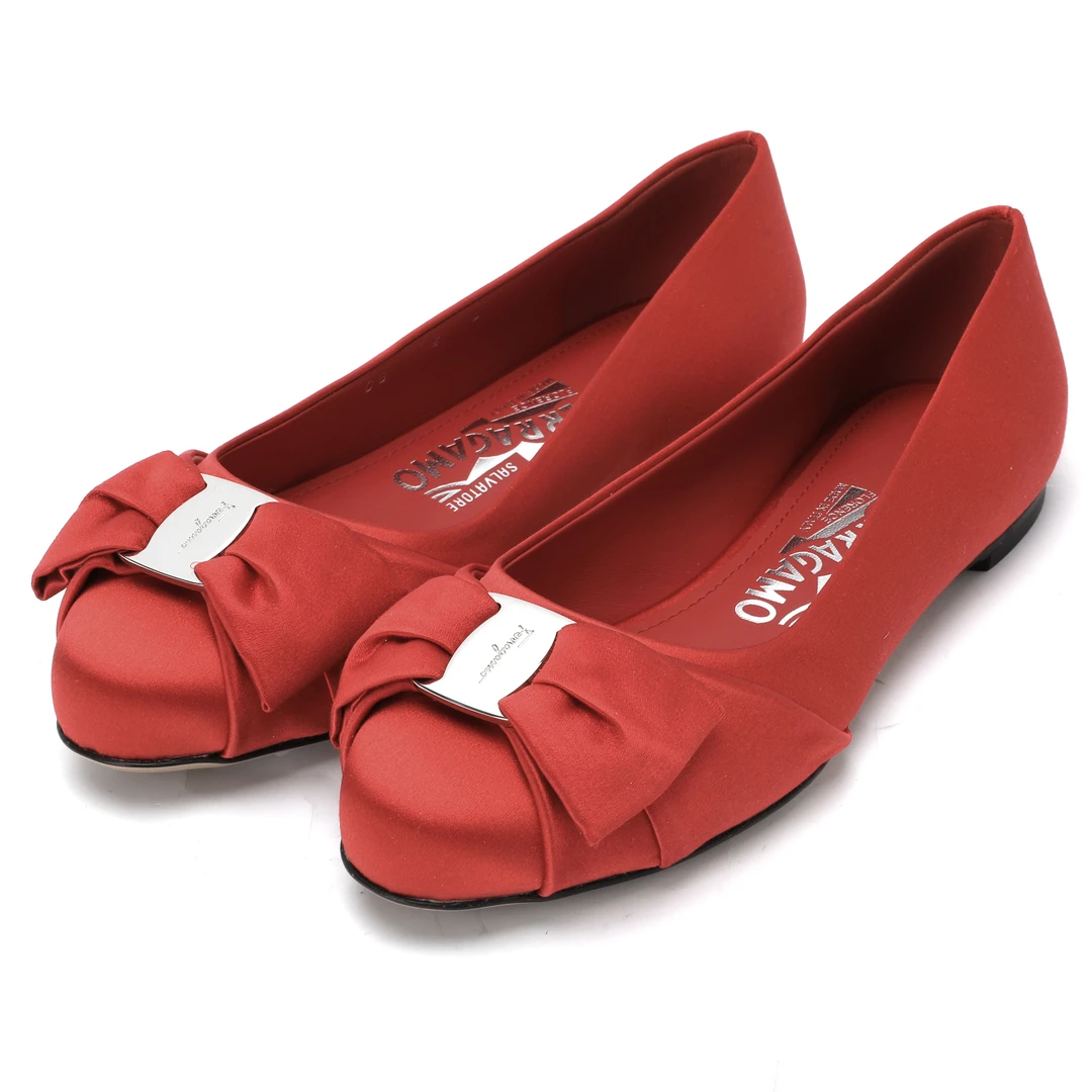 FERRAGAMO 爆款蝴蝶结女士圆头红色单鞋缎面气质平底鞋0763316