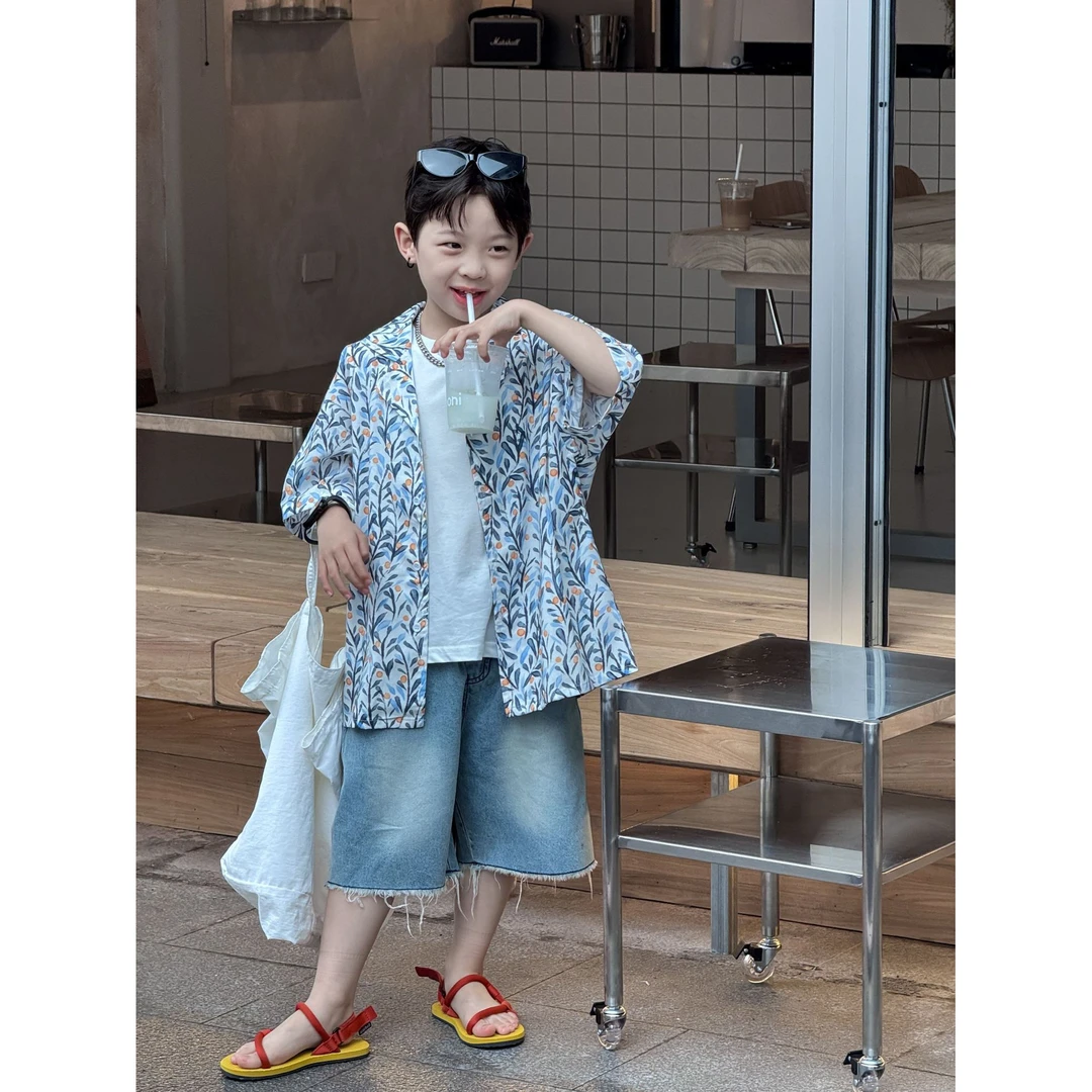 男童衬衫2025夏季新款儿童韩版度假风印花短袖衬衣中大童百搭上衣