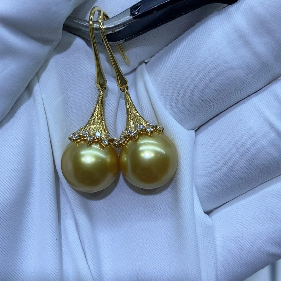海水珍珠耳饰18K金镶嵌金珠12-13mm