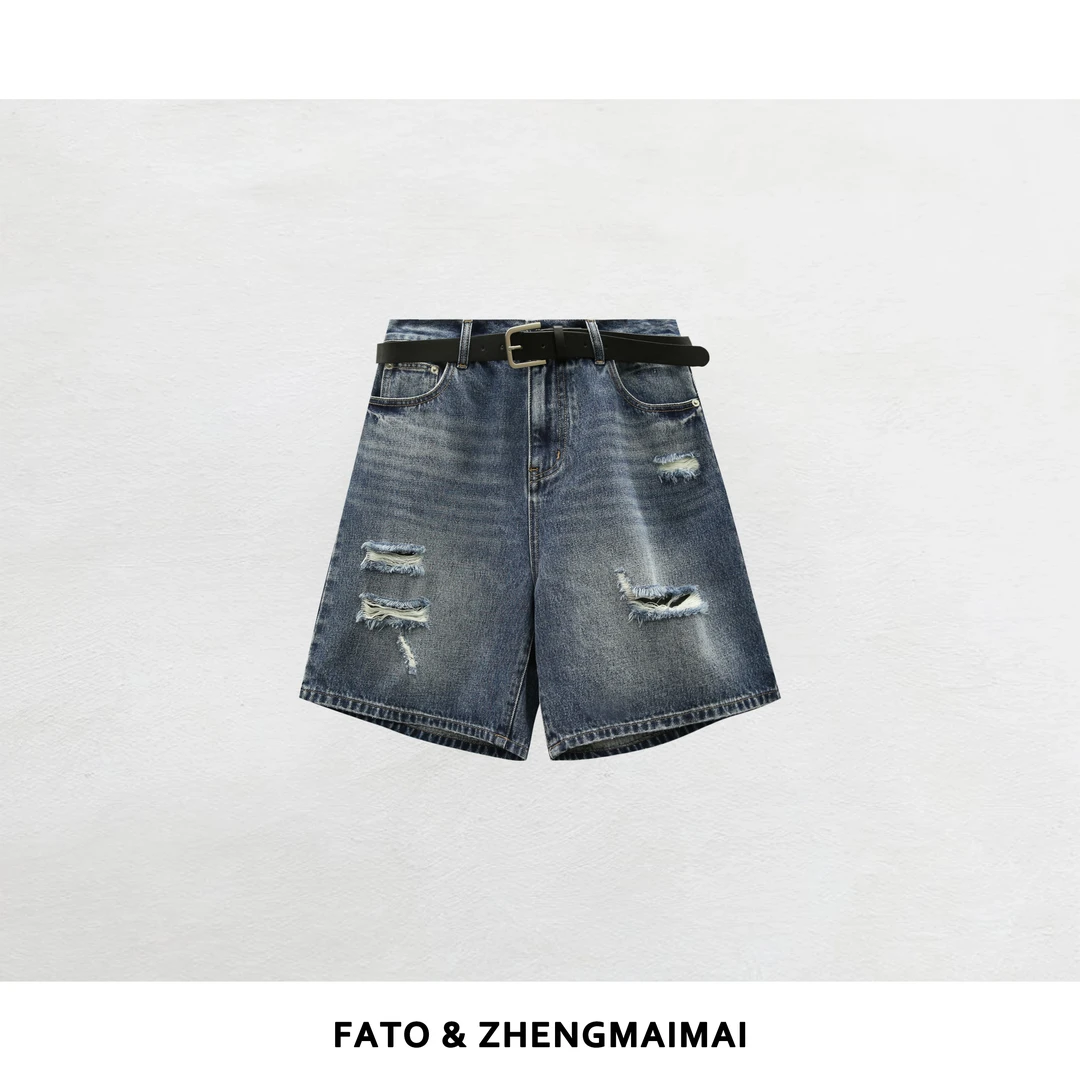 【郑买买】街头基调 韩版时尚慵懒复古破洞水洗牛仔短裤 QX50706K1