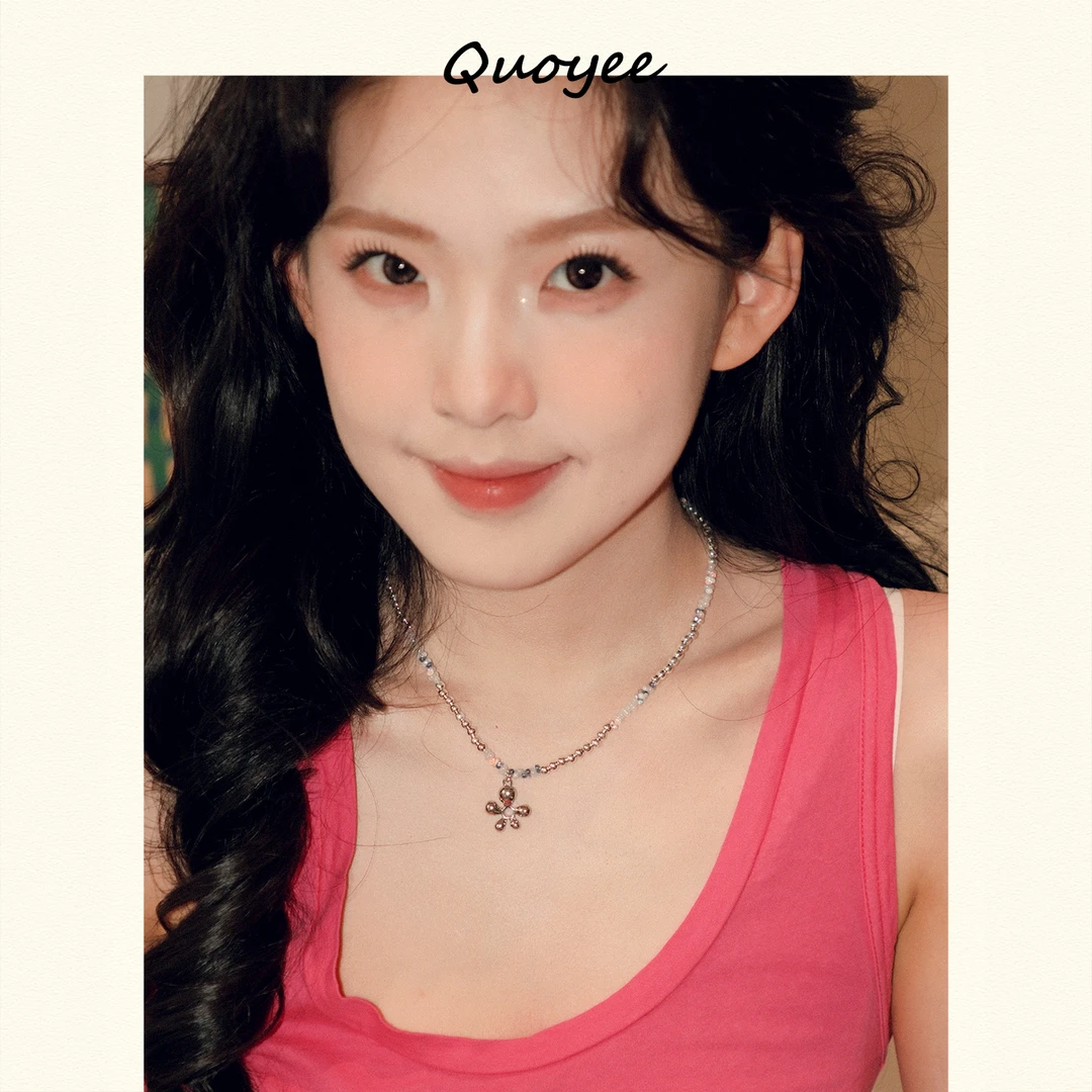 合金仿水晶项链 Quoyee 多巴胺彩色串珠项链高级花朵颈链HE001