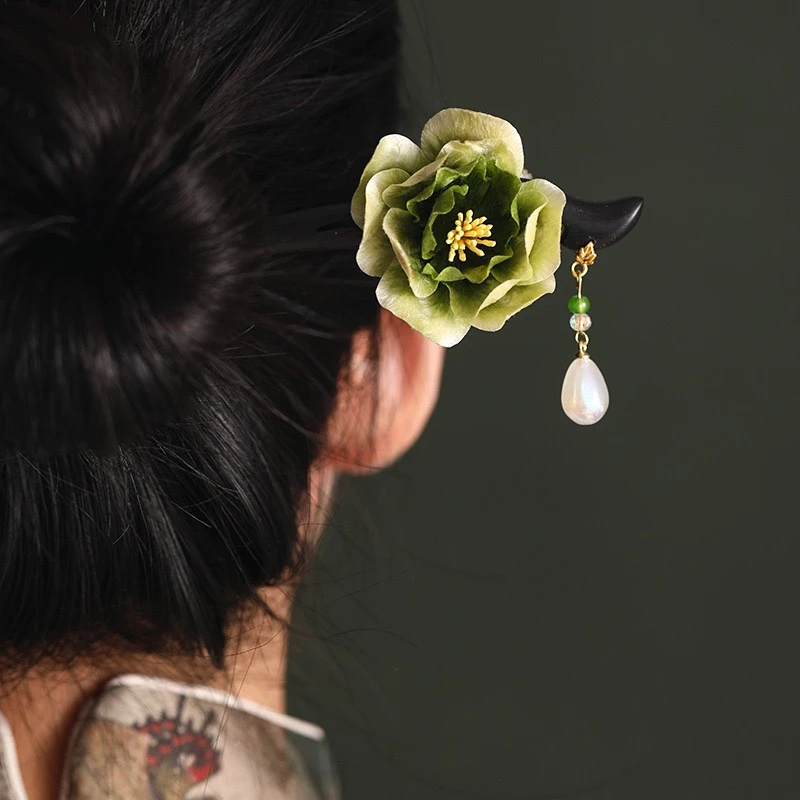 檀木手工u型发簪头饰新中式古风女日常盘发簪国风汉服绒花发簪