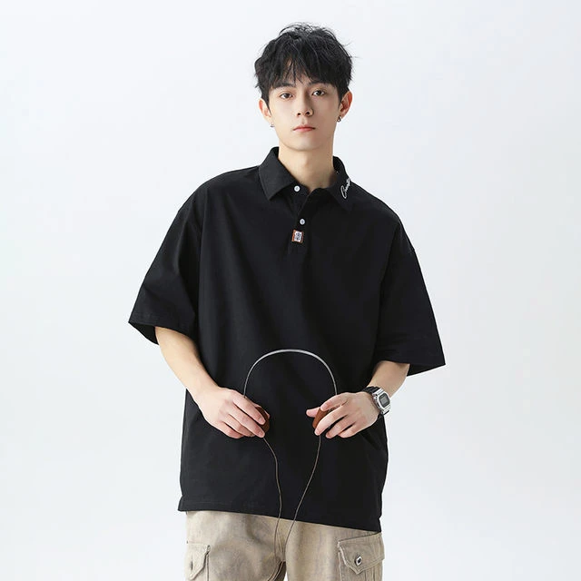 领口撞色字母刺绣短袖Polo衫夏宽松纯棉半袖潮流港风休闲男生t恤