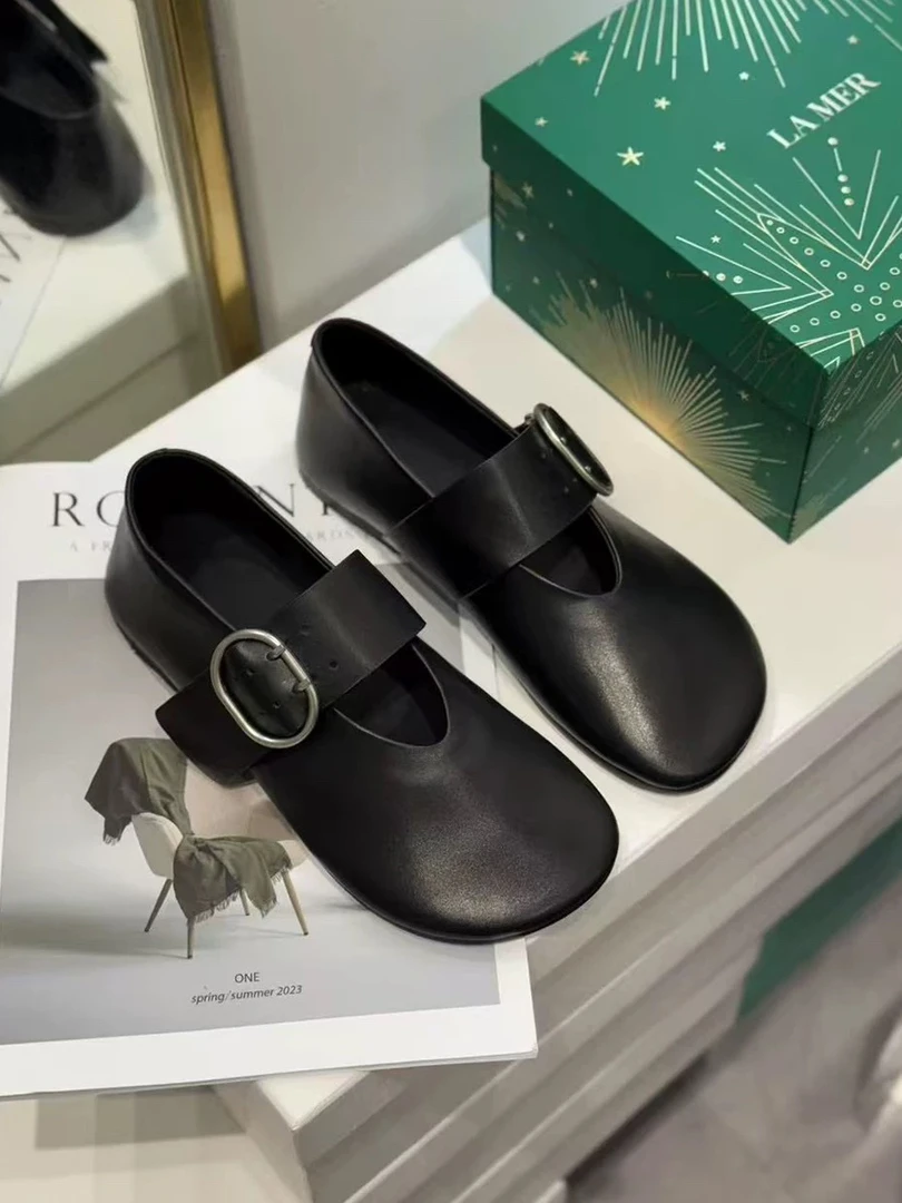 时尚平底单鞋复古乐福鞋百搭包头一字式扣带休闲穆勒鞋玛丽珍鞋