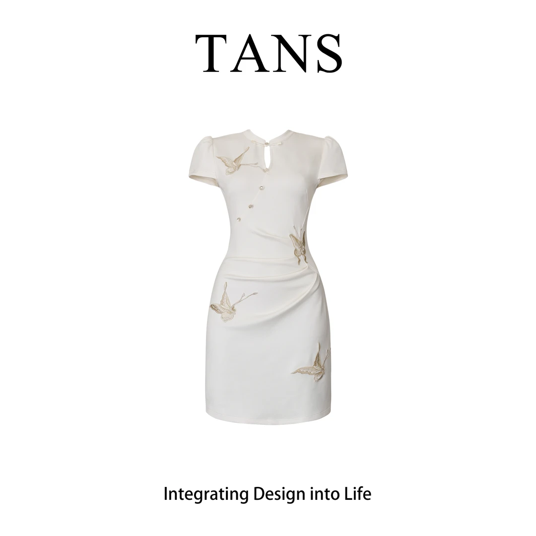 现货 TANS【夏季新品】新中式国风刺绣蝴蝶设计感短款旗袍女夏季
