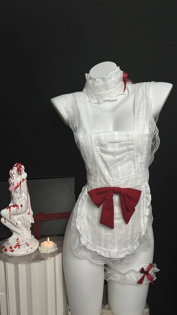 【爱意时光】纯欲cos女佣围裙镂空蕾丝荷叶边女仆套装性感白色