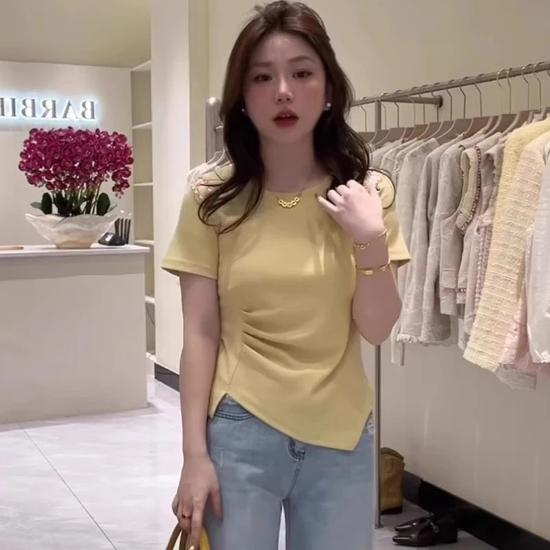 2025夏季新款钉珠时尚褶皱露肩镂空短袖T恤女不规则修身显瘦上衣