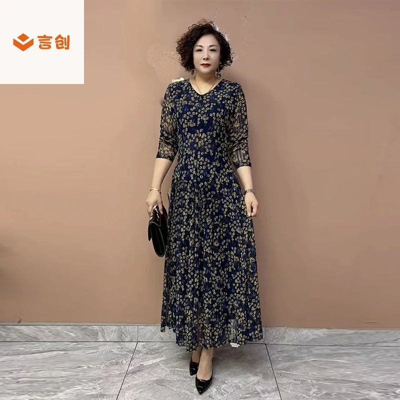 310气质妈妈台湾纱碎花连衣裙春夏款高档弹力显瘦长款十片大摆裙