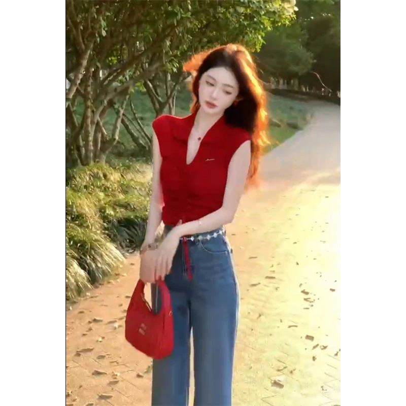 2025夏季新款高级感修身显瘦时尚短袖t恤高腰百搭牛仔裤两件套装