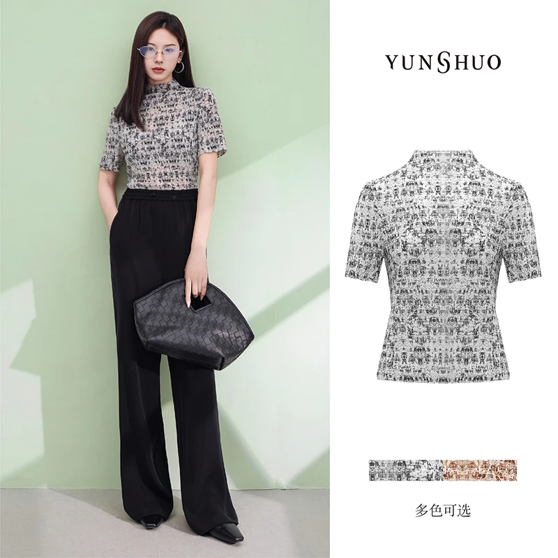 允硕夏季新品时尚印花半高领修身气质百搭温柔套头短袖T恤345180