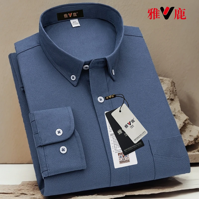 雅鹿中老年男士长袖纯棉衬衫休闲上衣商务高档衬衣牛津纺工装寸衫