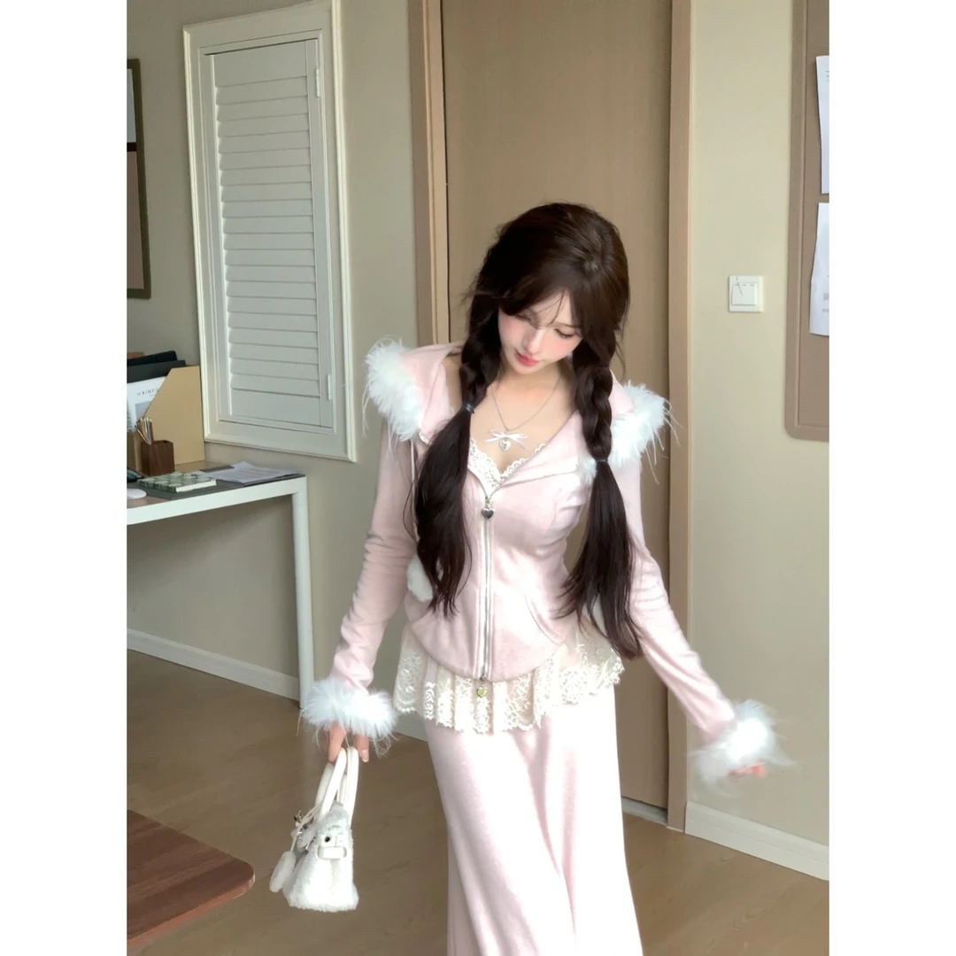 瑞茜·威瑟斯秋冬小众设计显高显瘦蕾丝连帽上衣半裙R2120-1L