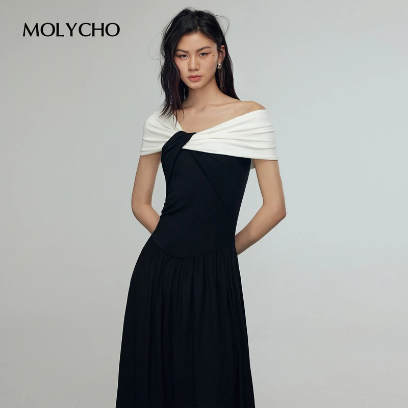 MOLYCHO设计感撞色扭结连衣裙女夏季优雅气质V领露肩收腰显瘦长裙