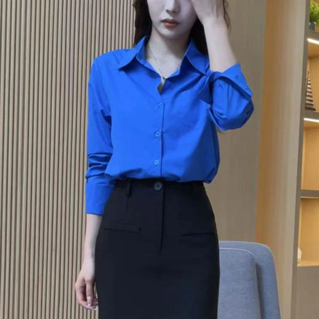 4931韩版简约polo领多巴胺蓝色长袖衬衫女春季气质宽松克莱因衬衣