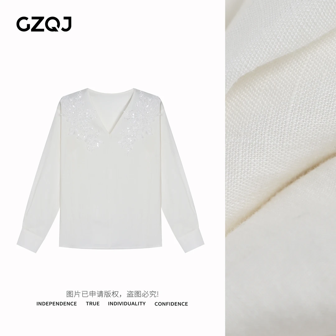 老琴私服 【白茶茉莉】原创设计师亮片花朵V领亚麻天丝衬衫春季7037