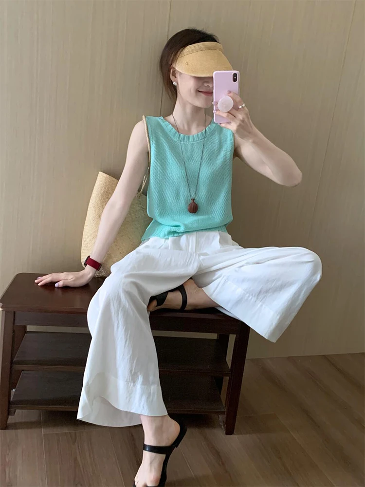 小个子穿搭一整套2025新款韩系独特绝美白色阔腿裤小套装女装夏季