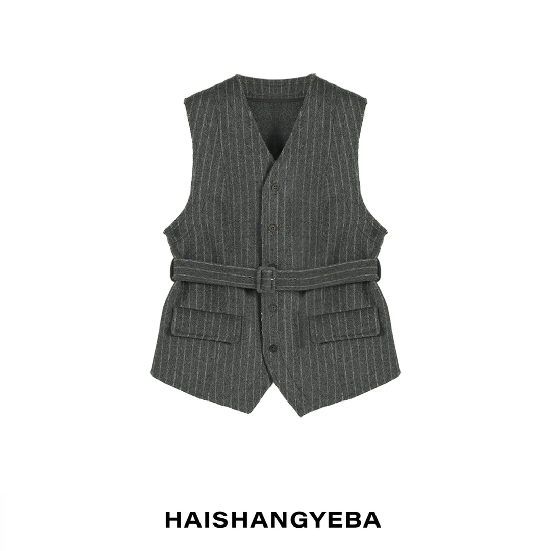 【海上叶爸】新款2025春秋百搭羊毛纽扣条纹腰带无袖背心