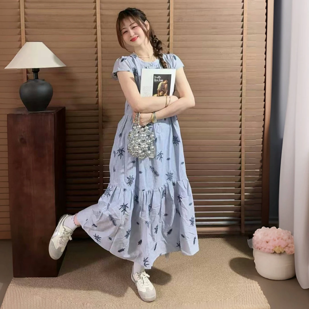 955棉麻透气 轻盈如风 全身刺绣蔓藤 森系仙女莫奈花园配色连衣裙