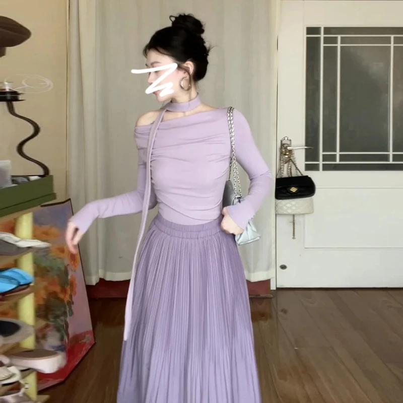 6741法式紫色长袖半身连衣裙子女早春季2025年新款开春穿搭一整套