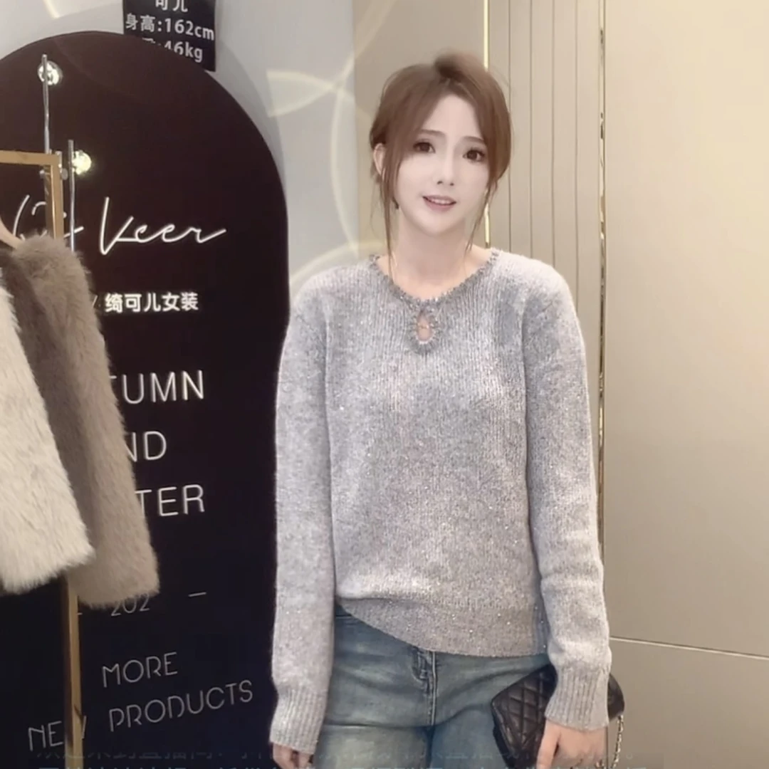 【绮可儿】秋季新款灰色高级感穿搭软糯套头毛衣女别致设计感上衣