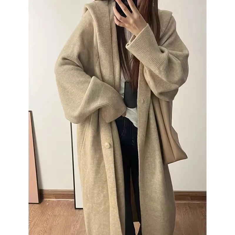 时尚秋冬长款针织衫大码连帽百搭宽松慵懒风加厚中长款灰色DZ999