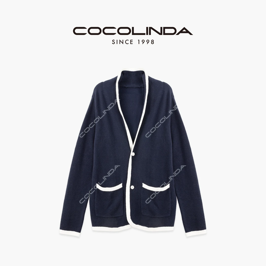 COCOLINDA | 亚麻棉质9针‘双色吊目’两粒扣包边拼色针织开衫S5362