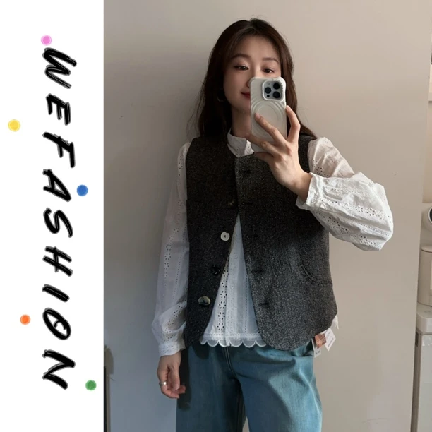 【WE】设计单排扣马甲韩式叠穿坎肩圆领马甲