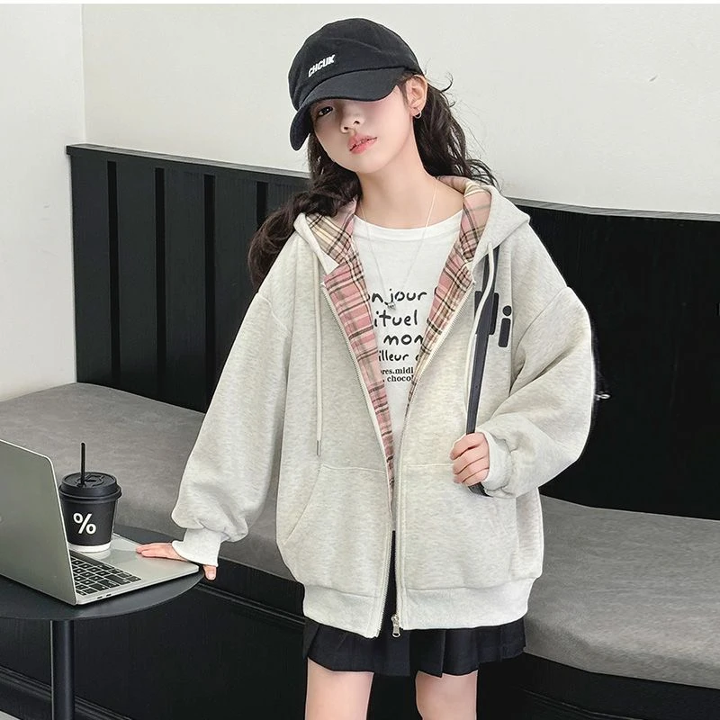 女童中大童格子拼接连帽外套春秋新款时髦洋气拉链开衫儿童上衣服