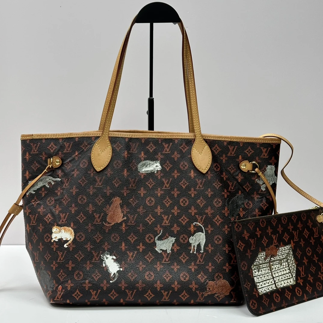 95新 LV 路易威登限量款猫咪Neverfull中号手提单肩购物袋 01001
