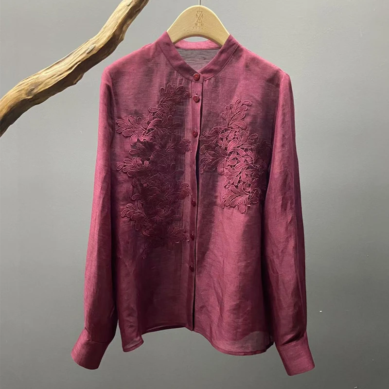 墨枝 绣花片立领桑蚕丝亚麻衬衣S900A390