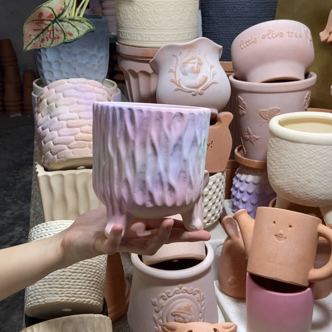 13×14彩色三脚树纹 粗陶1个