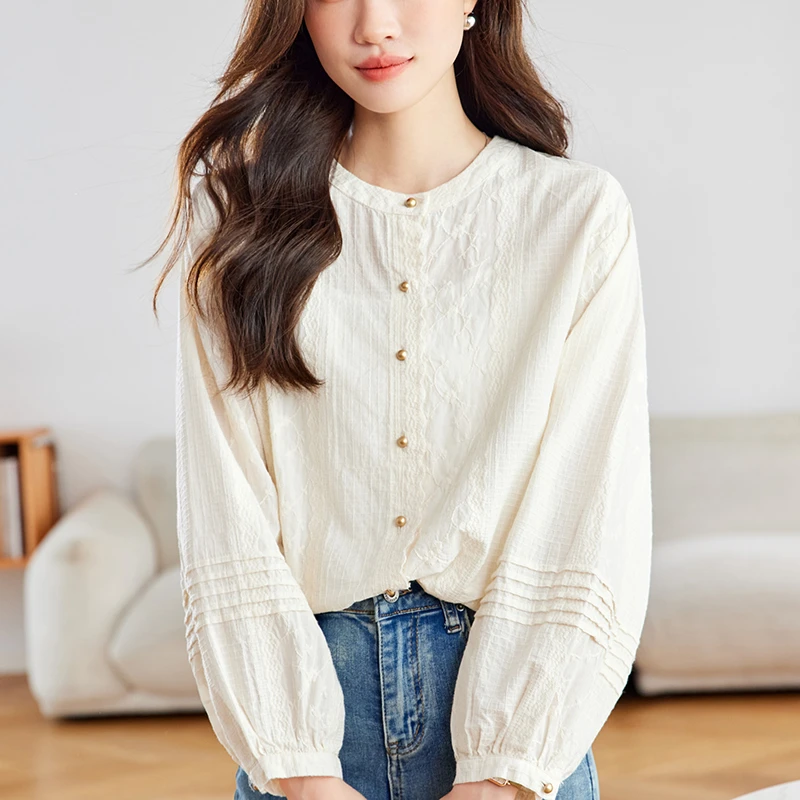 设计感小众上衣女秋装2025新款圆领衬衫宽松大码遮肚子胖妹妹衬衣