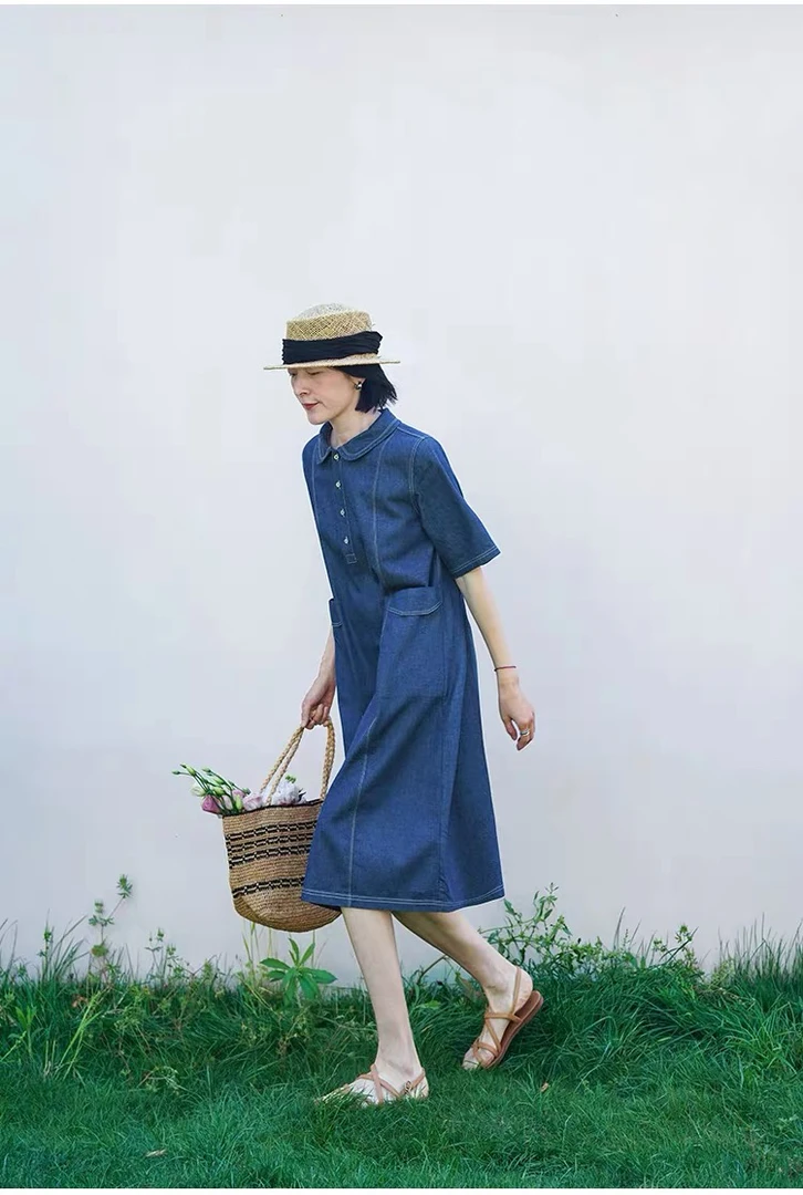 F113  圆领牛仔棉显瘦A字摆 休闲连衣裙