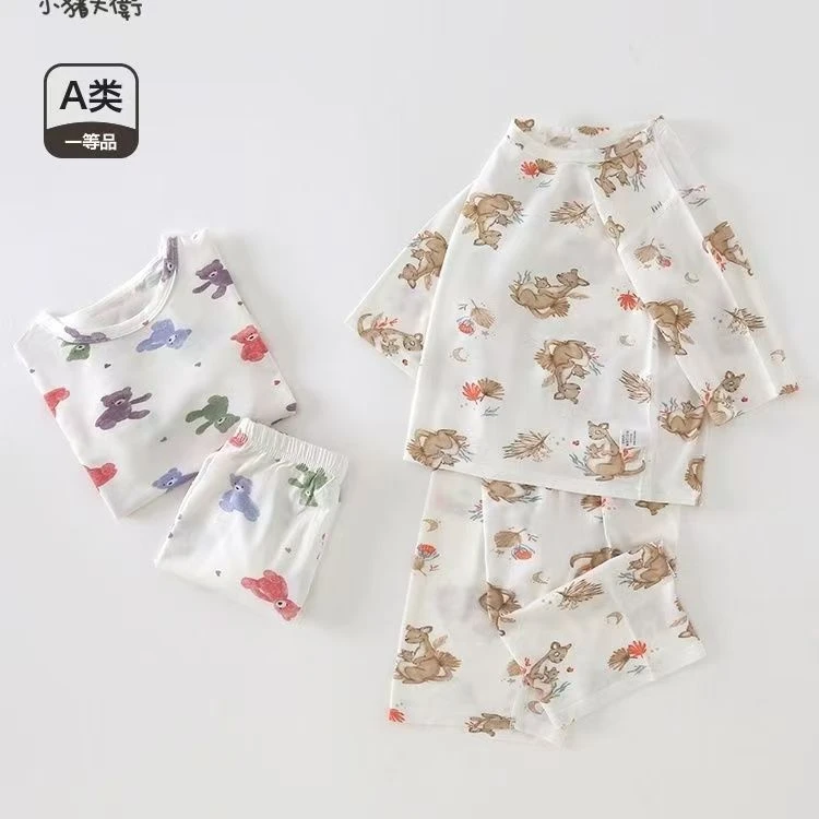 宝宝莫代尔空调服七分满印套装睡衣家居服男女宝无骨透气