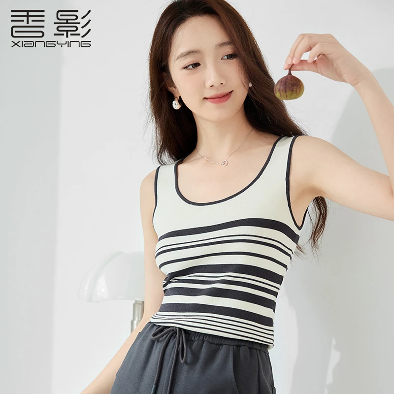 N843198背心吊带 香影条纹针织吊带背心女夏秋新款撞