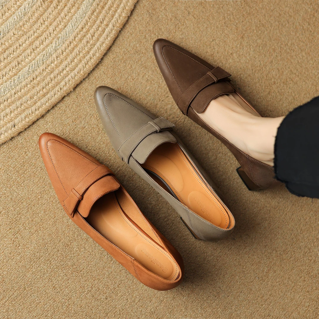 半坊手工女鞋|34-40|4.5cm|春秋法式复古真皮尖头中跟粗跟单鞋女