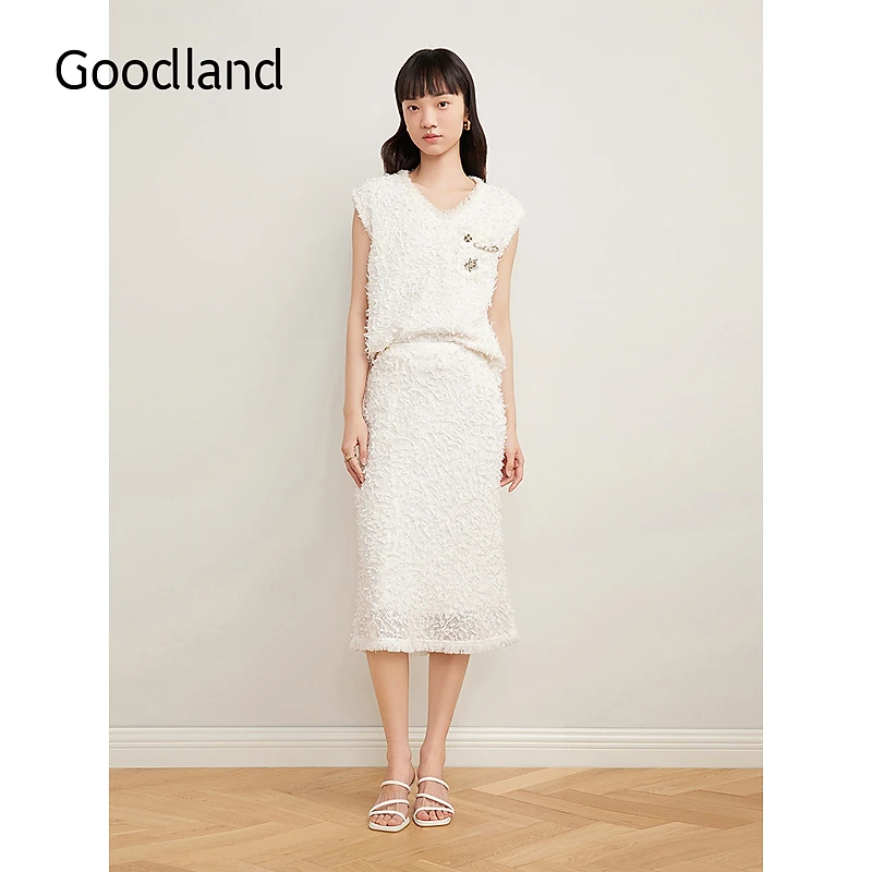 Goodland美地女装2025夏季新款小香风肌理流苏直筒半身裙长款