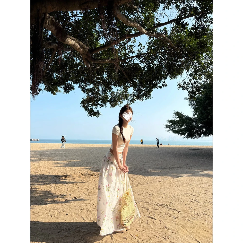 修身短款正肩短袖T恤女+休闲复古碎花半身裙高腰清冷系禅意衣服女