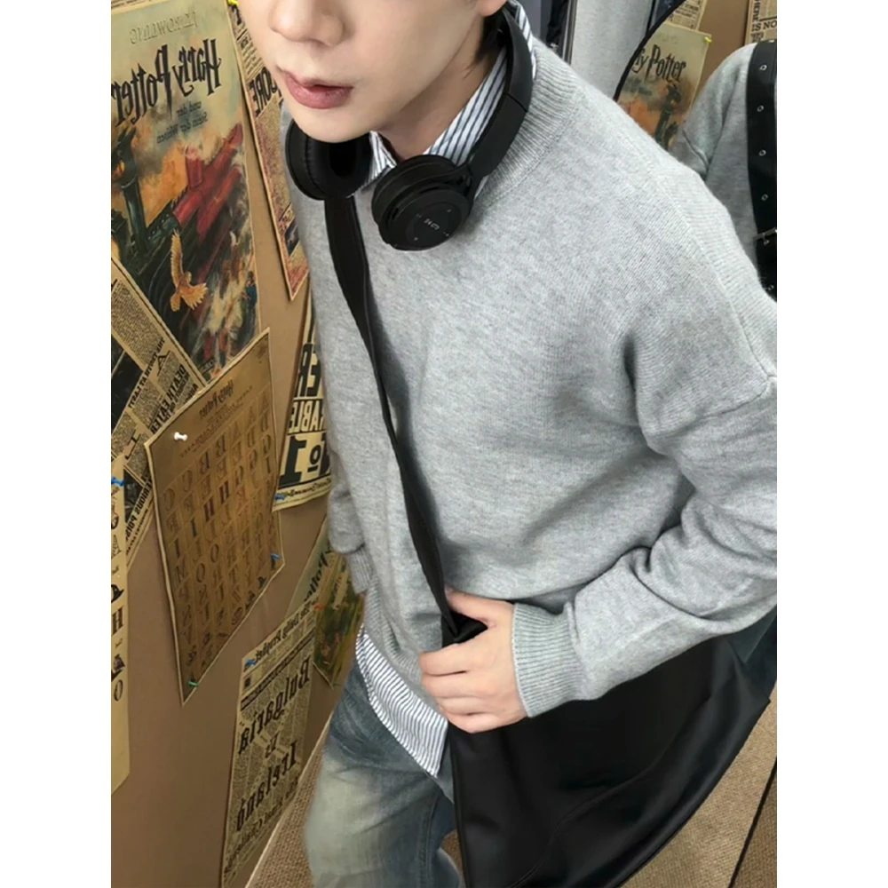 秋季cleanfi浅灰色慵懒风毛衣男高级感圆领内搭打底衫宽松针织衫