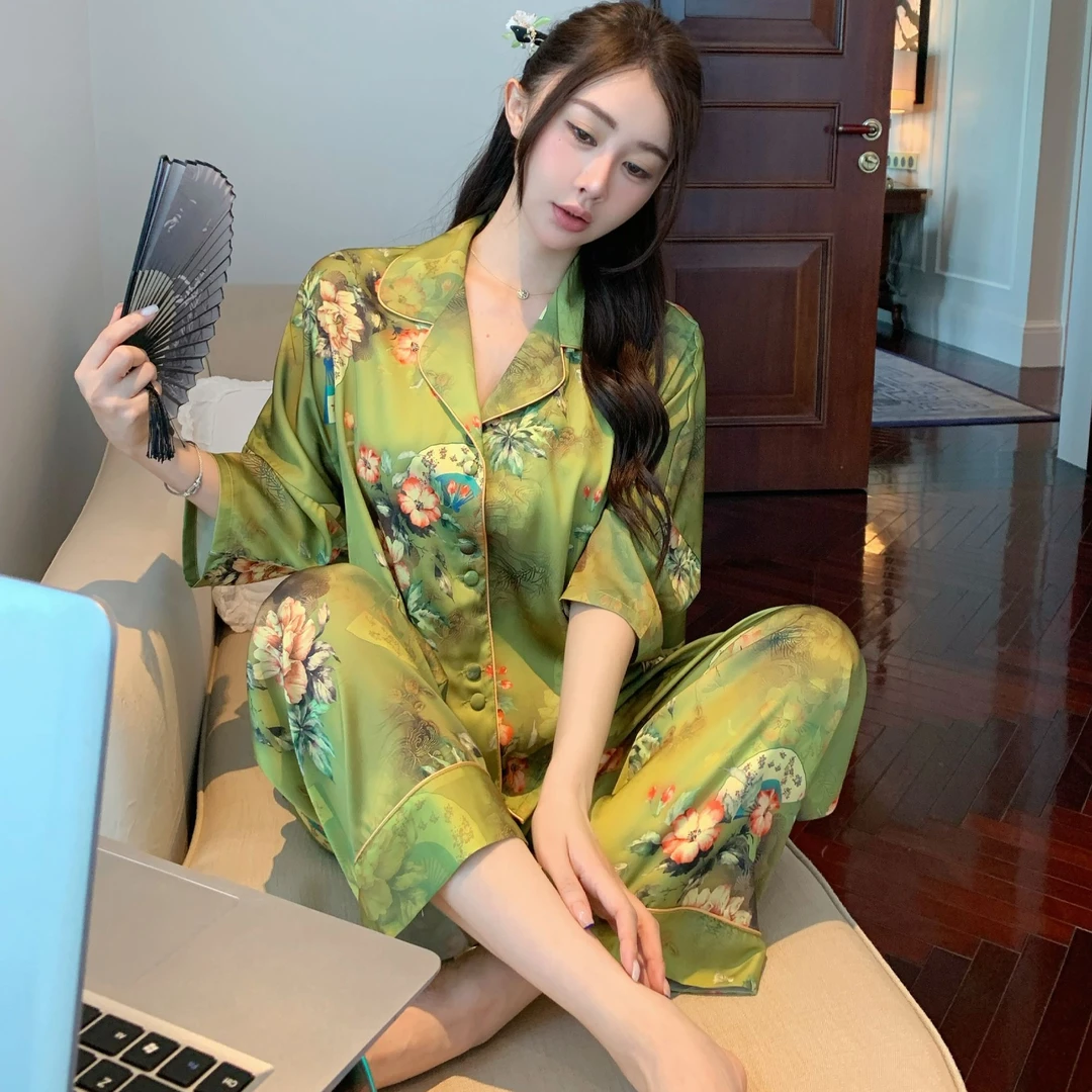 睡衣女款夏季薄款七分袖短裤家居服新款轻奢三件套可外穿