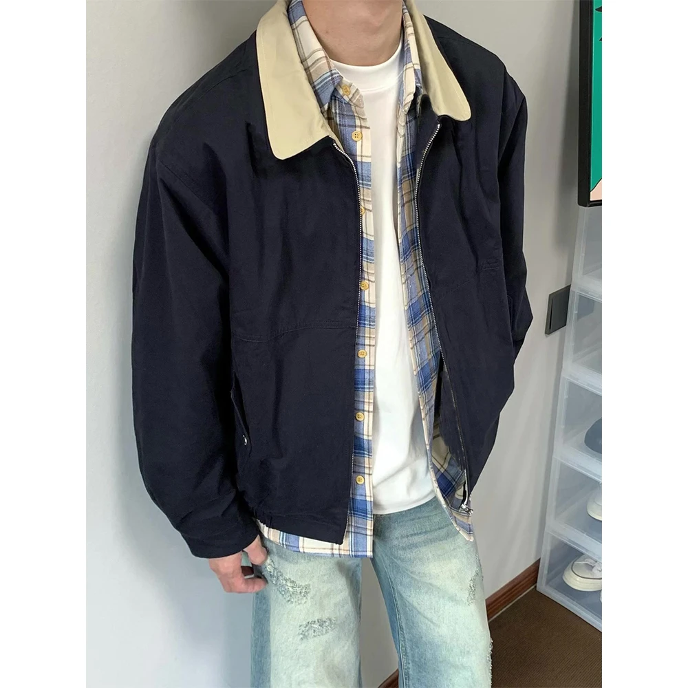 藏青色美式底特律工装夹克男款春秋潮牌cleanfit撞色短款翻领外套