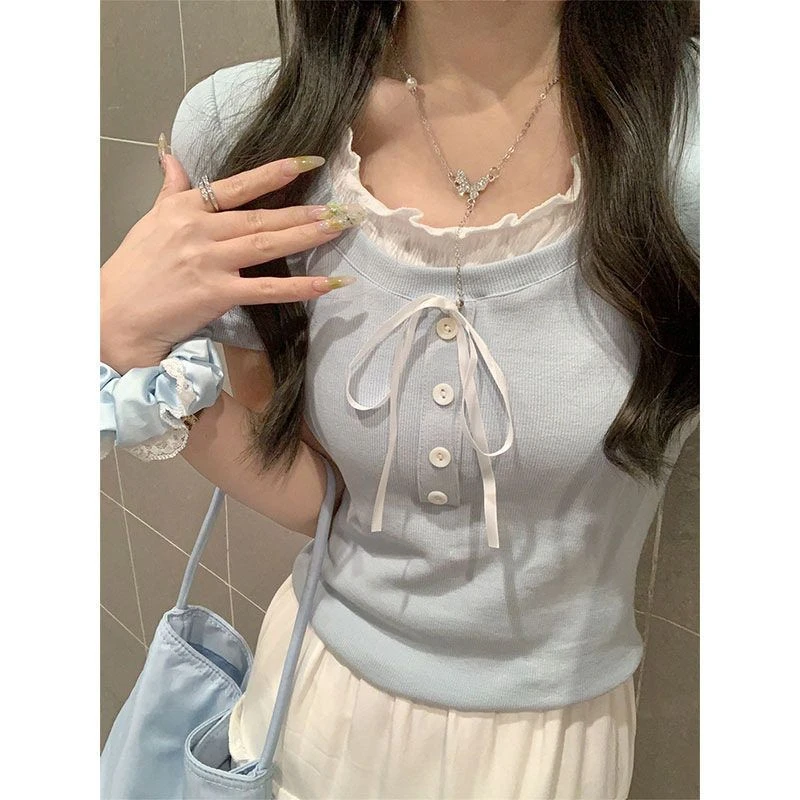 批发假两件短袖T恤女2025夏季甜美修身显瘦短款温柔风蝴蝶结上衣