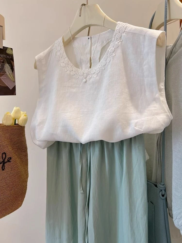 特大码300斤立体花边刺绣亚麻圆领透气简约气质麻料无袖背心小衫