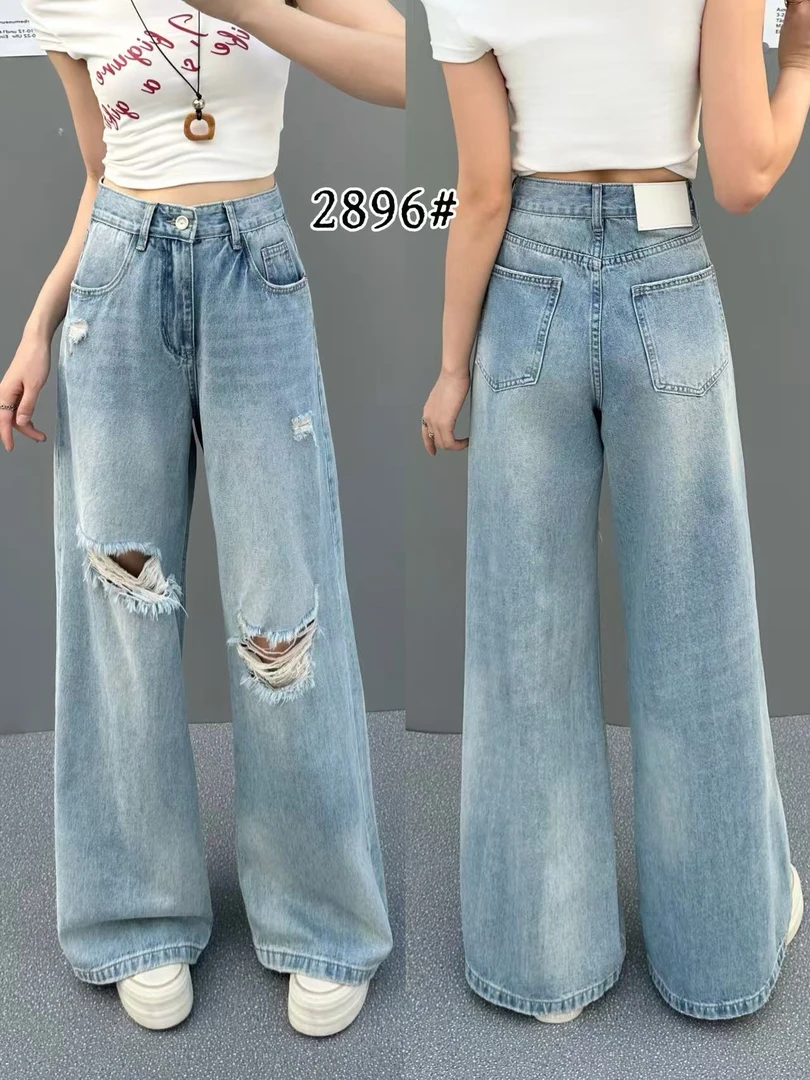 2896夏季高腰休闲风牛仔裤破洞城市游牧风