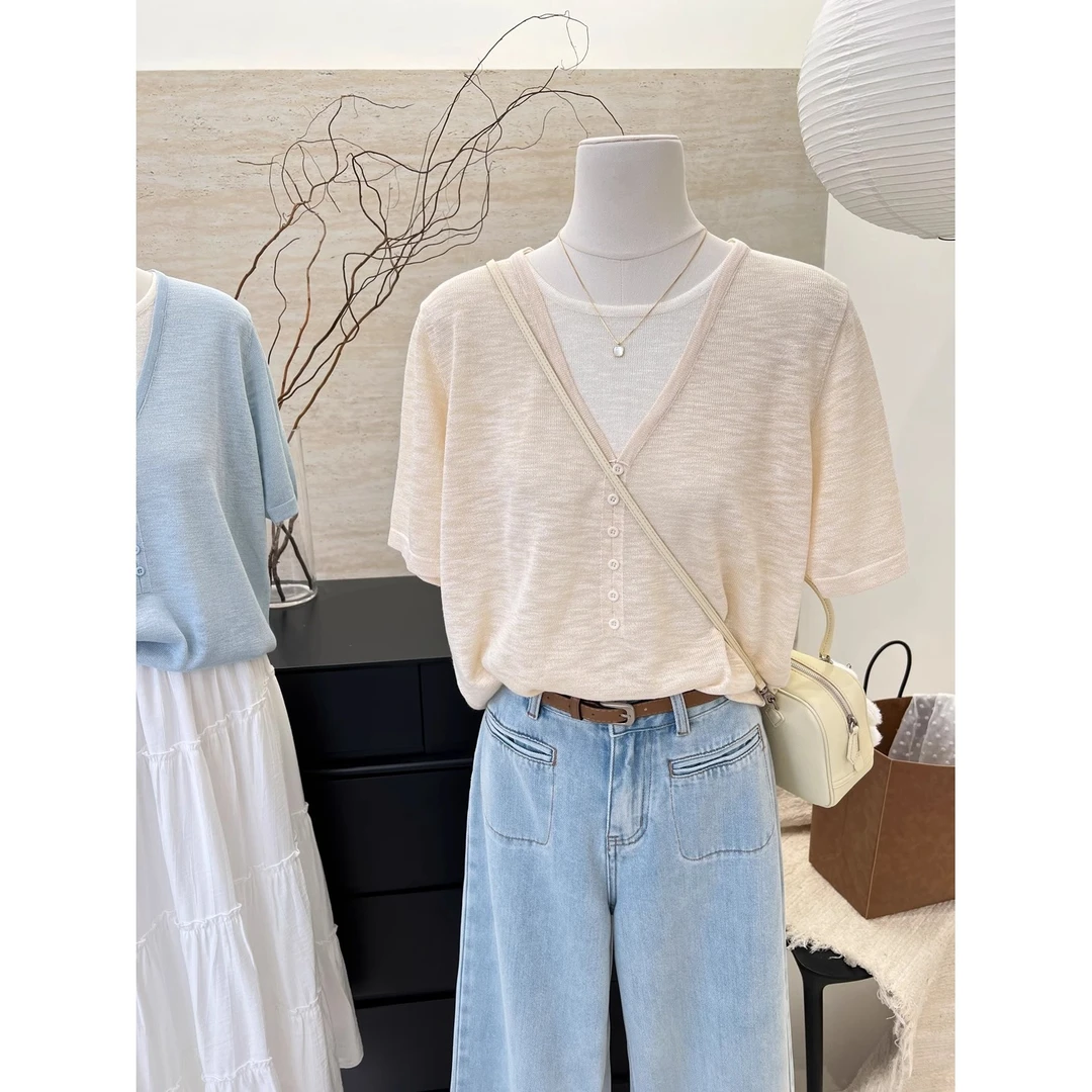 慵懒风撞色假两件薄款冰丝短袖t恤女夏季休闲简约减龄针织衫上衣